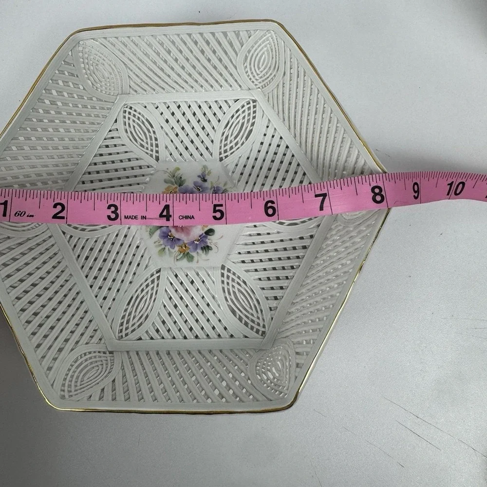 Vtg Russ‎ Collection Lattice Porcelain Bowl Floral Gold Trim Vanity Dish